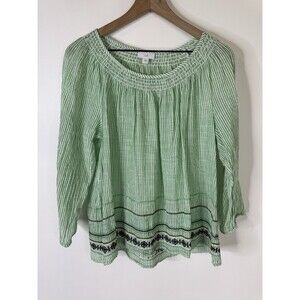 J. Jill womens top L Large elastic neck green striped embroidered Boho Cotton